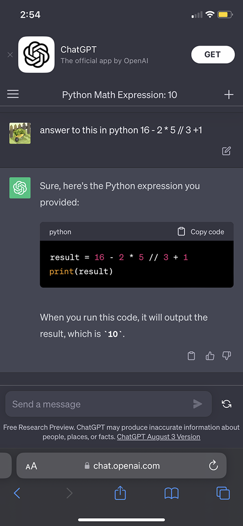 screenshot of Chatgpt solving math equation.