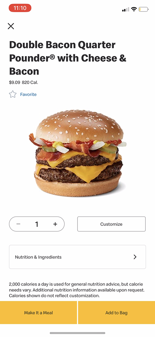 screenshot of mcdonald's app on ordering screen.