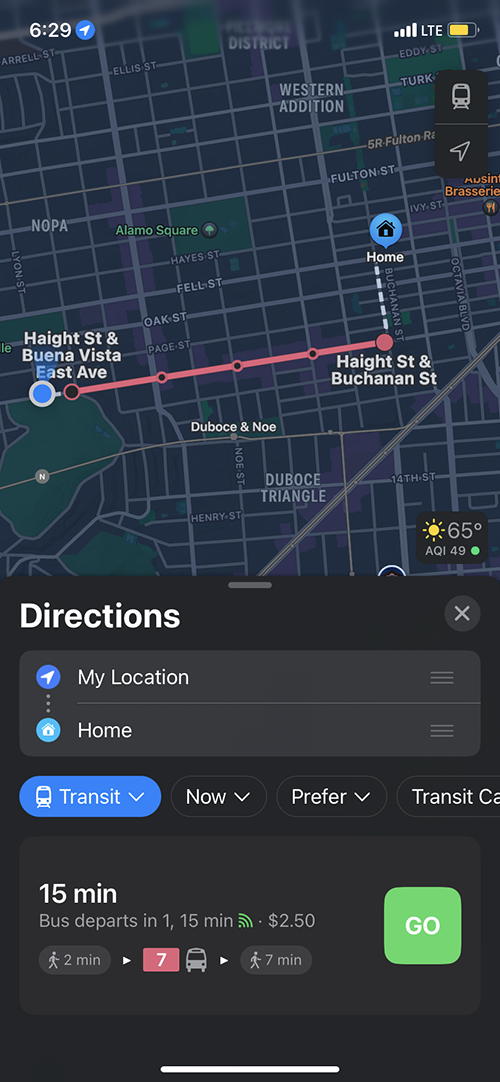 screenshot of apple maps from school to home.